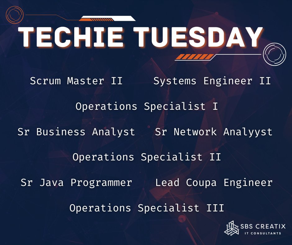 SBS_Creatix's tweet photo. Looking for career advancement? Let #TechieTuesday help!

Apply today on LinkedIn or on https://t.co/S5LfV5va8T and let our expert recruiters show you the #SBSDifference. We promise to show you how consulting should be done.

#python #coupa #scrum #java #techjobs #consulting https://t.co/w1kdg166Js