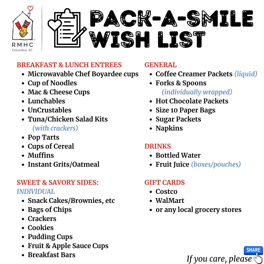 Here is out current #PackASmileWishList.
You can shop and send these items directly from our #AmazonWishList ow.ly/U7WA50G1z42 , or drop items off at the house any time! Thank you ❤️