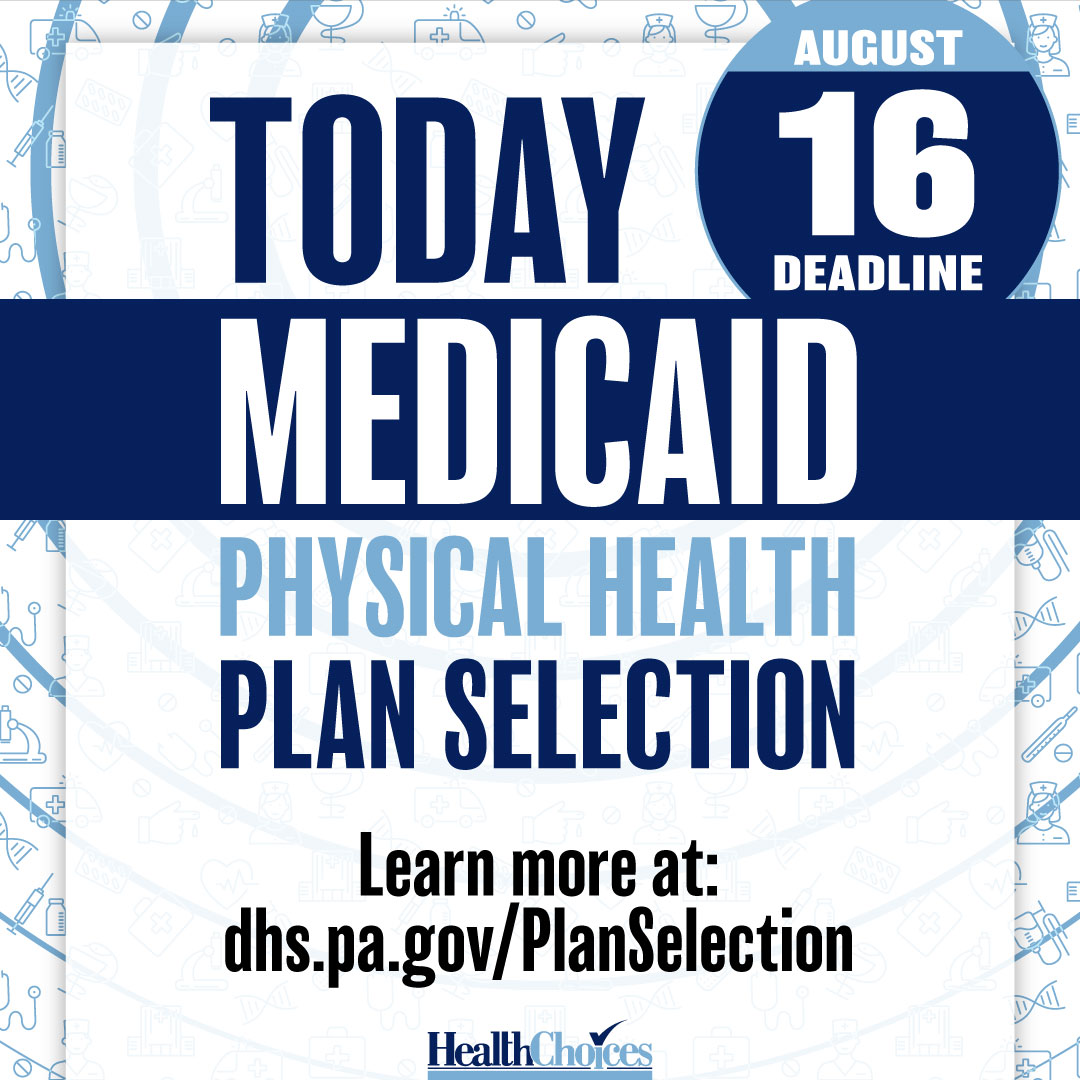 PAHumanServices's tweet photo. If you got a notice that your Medicaid physical health plan is ending, the deadline to choose a new plan is TODAY, August 16.
If you don’t select a health plan, you wont lose coverage, but you will be automatically assigned a new health plan. 
Learn more: https://t.co/Fz9HrDI5jd https://t.co/sAy6PNAvS9