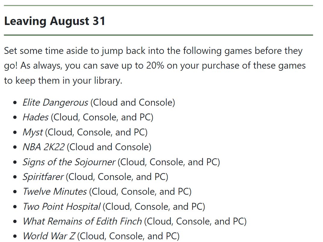 tomwarren's tweet photo. Lots of great games leaving Xbox Game Pass on August 31st https://t.co/x6nQWpVYqS https://t.co/iFZx7a6vXb