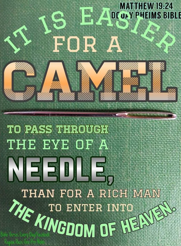 DouayRheims1's tweet photo. Then Jesus said to his disciples: Amen, I say to you, that a rich man shall hardly enter into the kingdom of heaven. And again I say to you: It is easier for a camel to pass through the eye of a needle, than for a rich man to enter into the kingdom of heaven. 
#WeekdayMass #Bible https://t.co/bwZoaSHrmJ
