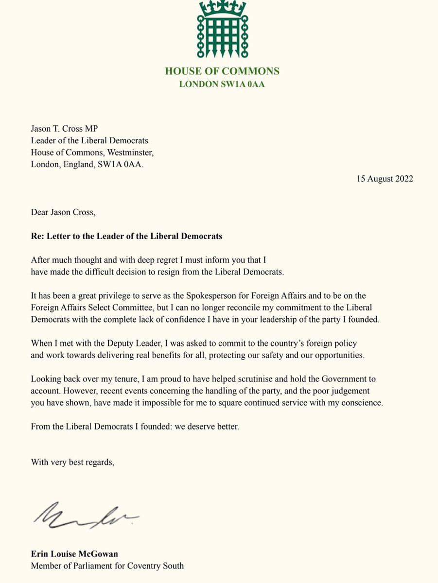 BBC_AUK's tweet photo. 🇬🇧🚪| Erin McGowan MP yesterday evening has resigned from the Liberal Democrat Party stating that she has “lost confidence in the leader, the party deserves better”. 

She served as Spokesperson for foreign affairs. https://t.co/LaCNo4JZHg