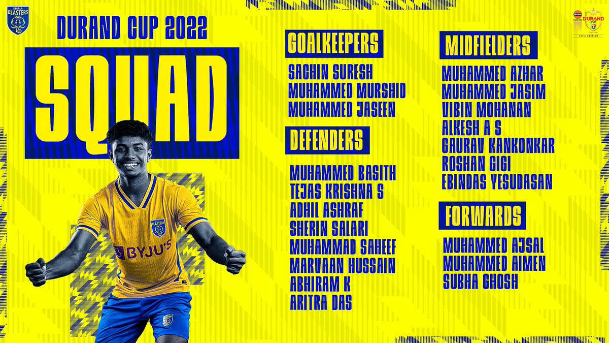 ashutosh_omm's tweet photo. Suprising to see Subha Ghosh in #KBFC squad for #DurandCup2022.
.
All d best to d young blasters crew.
#YenumYellow . https://t.co/G8A9tY5u2l