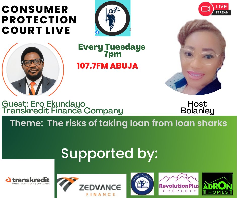 ConsumerPCR's tweet photo. Join the conversation 7pm today on All Armed Forces Radio 107.7fm Abuja as we dicuss The Risks in Taking loan from loan sharks.

@TranskreditNG 
@zedvance 
@loanbookng 
@LtdMfb 
@cenbank 
@officialEFCC 
@NhrcNigeria 
@fccpcnigeria 
@AdronHomes https://t.co/Kd26NvEIJd
