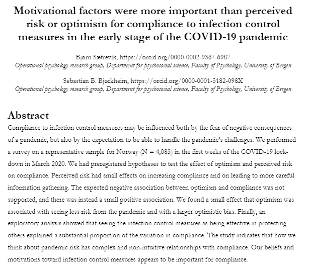 Based on reviewer input, we have updated our preprint about the effect of motivation, perceived risk and optimism on Norwegian compliance to infection control measures in March 2020. Figures have been added. Authors: <a href="/DrSatrevik/">@satrevik@fediscience.org</a> and @SBjoerkheim psyarxiv.com/njhvu/