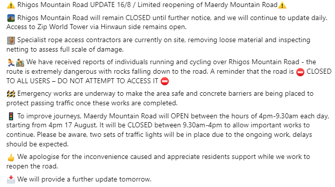 RCTCouncil's tweet photo. ⚠️ Rhigos Mountain Road UPDATE 16/8 / Limited reopening of Maerdy Mountain Road⚠️ https://t.co/HgAaLER0Sm