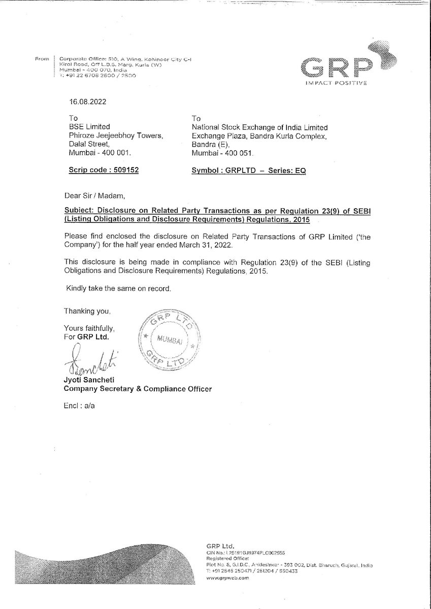 MarketUpdates6's tweet photo. GRP LTD. - 509152 - GRP Limited Has Submitted To The Exchange Related Party Transaction Report For The Half Year Ended 31St March, 2022 As Per New Format Mentioned In SEBI Circular Dated 22.11.2021.. Full Details : https://t.co/1nplkSa1wF https://t.co/xBxcNbxGL4
