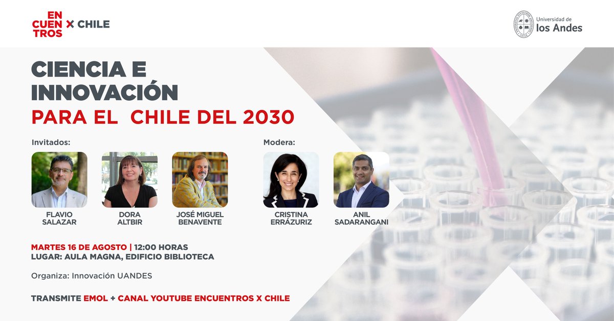 EncuentrosxCL's tweet photo. 🚨¡HOY a las 12:00!
Flavio Salazar, ministro de Ciencia, Tecnología, Conocimiento e Innovación, Dora Altbir, Premio Nacional de Ciencias Exactas 2019 y José Miguel Benavente, Vicepresidente del Consejo de Corfo, se reunirán en nuevo #EncuentrosxChile:  https://t.co/xVmqa5GqDy https://t.co/n4rH39o8wv