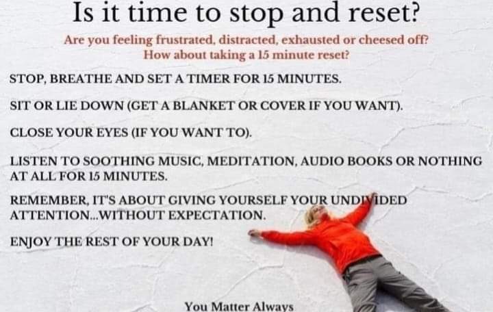 SuzieYMA's tweet photo. Sometimes, you just have to STOP and RESET 💜💜💜 #YouMatterAlways #StopandReset #selfcare #TimeOut #selfpreservation #juststop #clearyourmind #wellness #wellbeing https://t.co/TrqxJQ95qZ