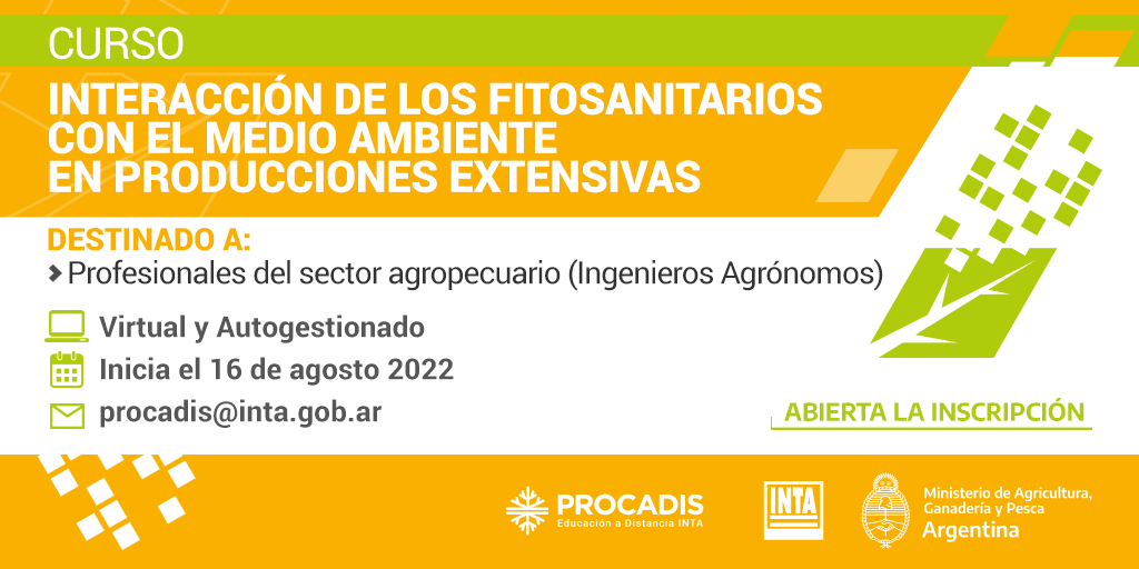 intaprocadis's tweet photo. 📣 Interacción de los Fitosanitarios con el medio ambiente en producciones extensivas 🌱🌍
Curso dirigido a profesionales del sector agropecuario
🗓 16/08
💳 $8.000 ($🇦🇷)
ℹ️ https://t.co/nIvAPmoRTZ
📝 https://t.co/4krc7TE2Hs
📧 Consultas: procadis@inta.gob.ar
#PROCADIS https://t.co/dfOI0gmeBx