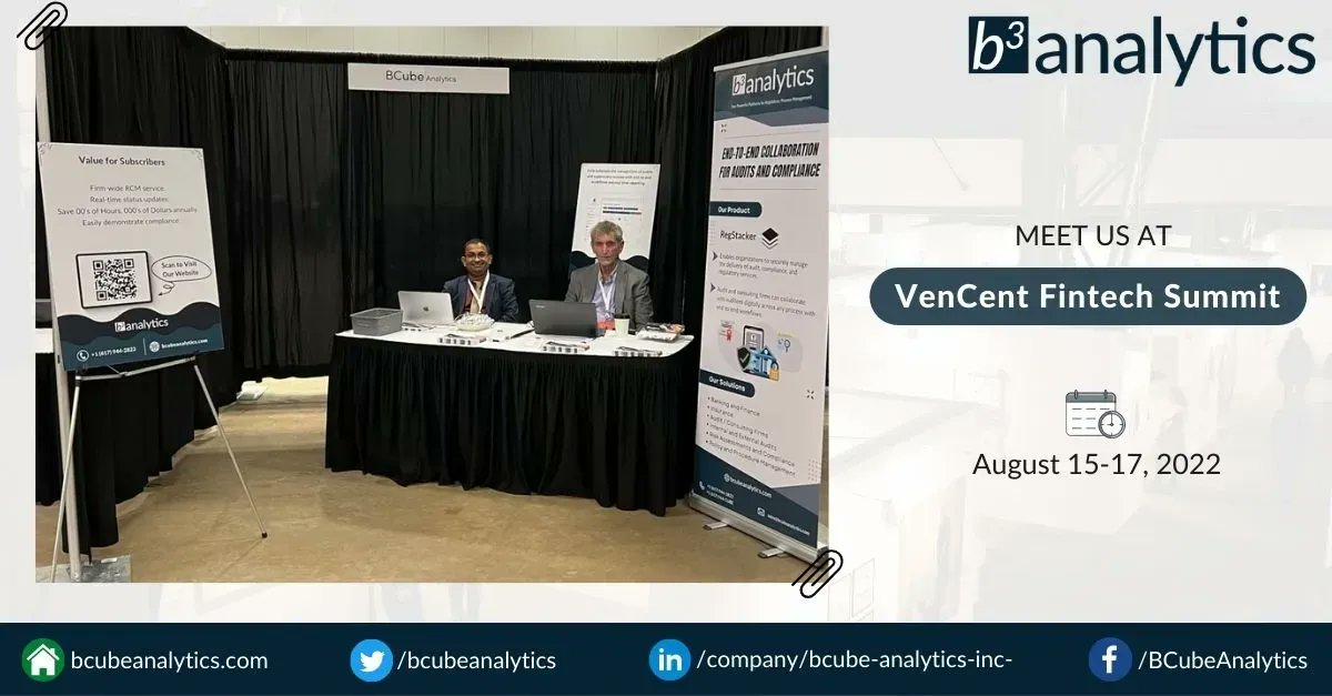 BCubeAnalytics's tweet photo. @bcubeanalytics is participating in #VenCent2022 at the 
@VentureCenter in #LittleRock, Arkansas.
#VenCent #bankingtechnology #innovation #fintech #compliance https://t.co/EnX48rtmh0