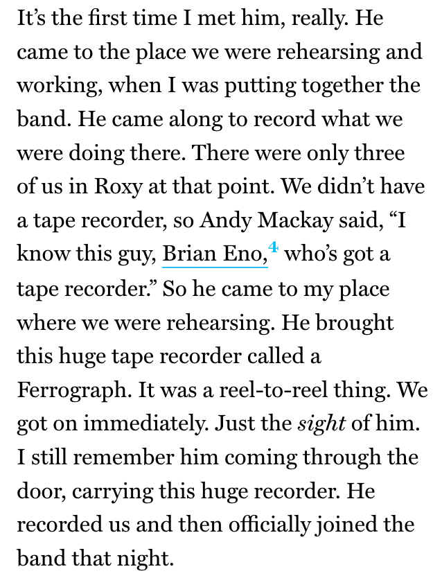 .<a href="/bryanferry/">Bryan Ferry</a> on his most endearing Brian Eno memory: vult.re/3C5Z7Qh