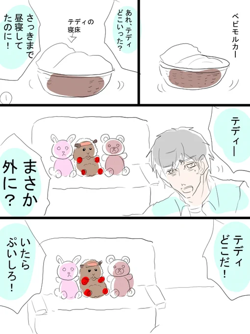 ほんの少しばかりモルカー漫画描きました。ベビモルカーテディと飼い主(畜生氏)タイトル:擬態 
