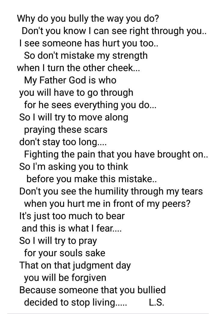 Skaggsl2017's tweet photo. I wrote this to all the #bullies out there.... #writing #poetry 

                #DearBully https://t.co/gHXSpPV9ui