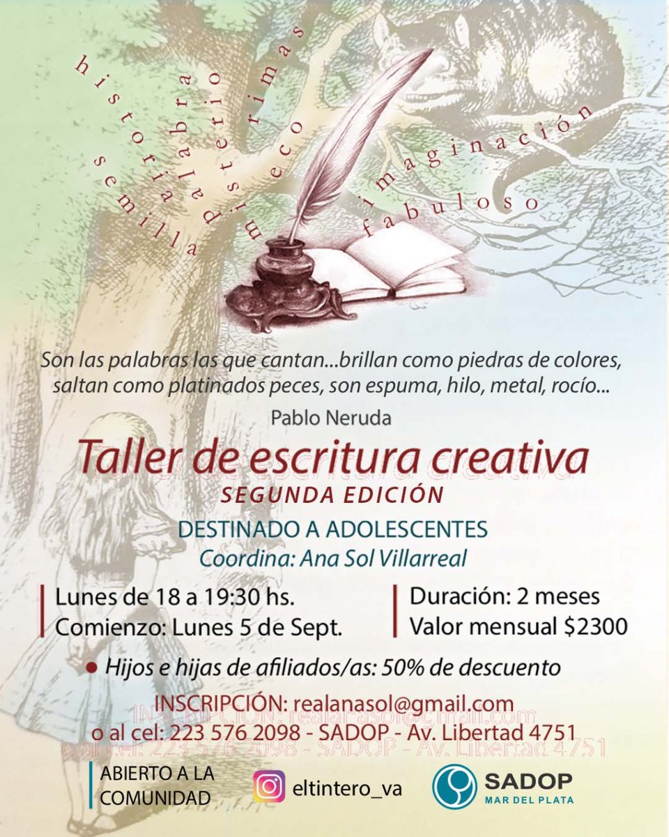 sadopmdp's tweet photo. #SecretariaDeEducacion
📖Taller de escritura creativa destinado a adolescentes.

🗓️ Comienza lunes 5/9
🕕 Lunes de 18 a 19:30hs
📌 Sadop Mar del Plata
Costo:$2.300 (50% descuento hijas/os de afiliados/as

✍️Afiliate a SADOP Online 👇🏻
https://t.co/OavM0jWcDx
#SomosSADOP https://t.co/N3Gq7lYZCw