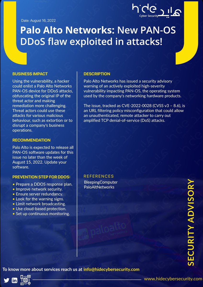 hidecybersec's tweet photo. Palo Alto Networks: New PAN-OS DDoS flaw exploited in attacks

#paloaltonetworks #ddosattack #ddos #ddosprotection #ddosattacks #hidecybersecurity https://t.co/ynuS7DRN5j