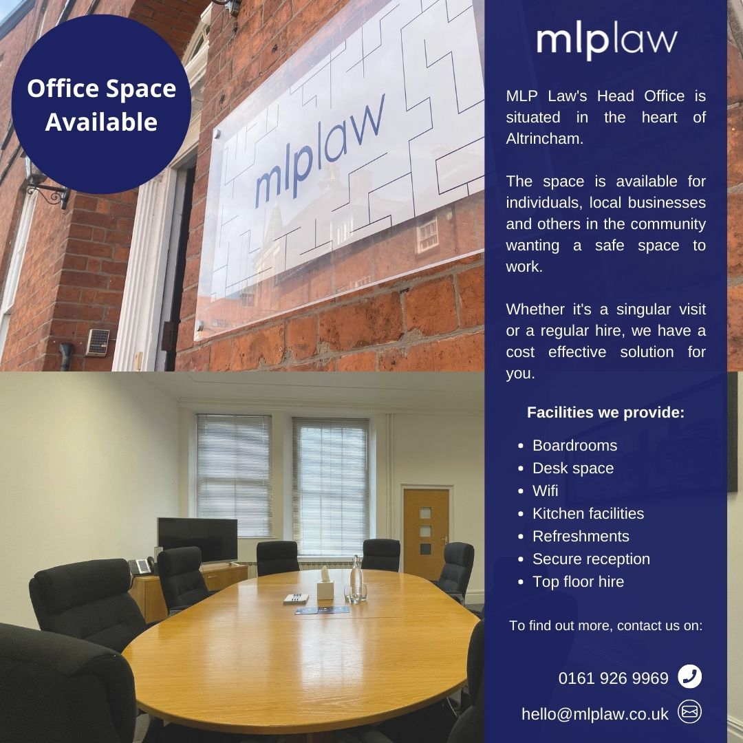 MLP_LAW's tweet photo. We have office space available to rent in Altrincham! Whether you are looking for a spacious meeting room to hire, or a desk away from your home office, contact us today.
For more information please see below.
#askmeaboutflex #mlplaw #togetherwecan #officespace https://t.co/K3bZs4jazw