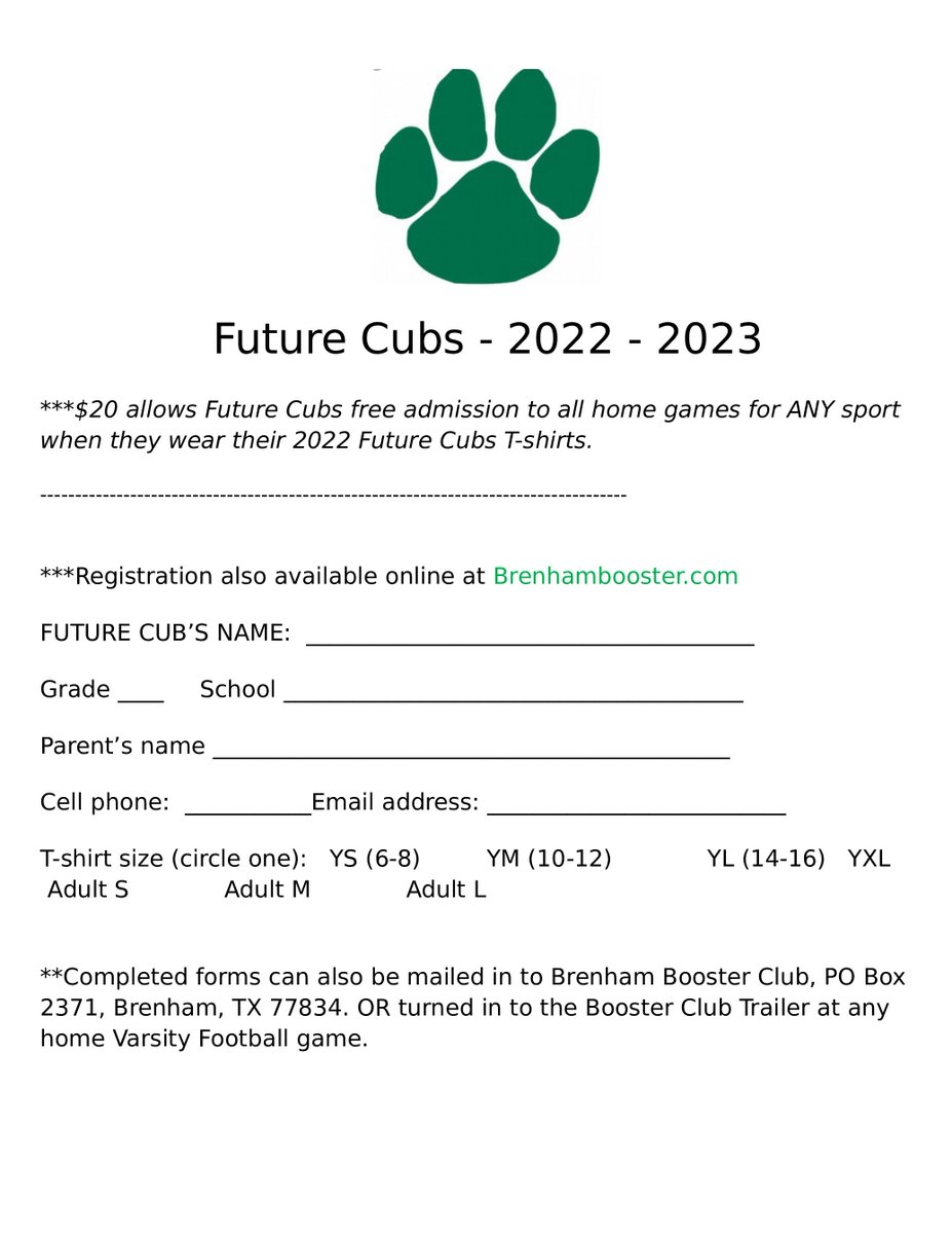 Calling all Future Cubs! Sign up today by visiting Brenhambooster.com. $20 per Future Cub which includes their Future Cub T-shirt. Participants sporting their 2022 Future Cub T-shirt gain FREE admission to all home games for ANY sports.