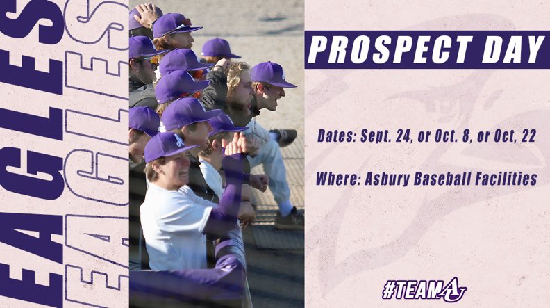 AsburyBaseball's tweet photo. AU Baseball Prospect Days – September 24, October 8 &amp; 22.

https://t.co/40qmlbSh7L
 
Come see us and show us you have what it takes to be an Asbury Eagle! 🦅⚾️

Limited spots available, register today! https://t.co/6VcLDgupOL