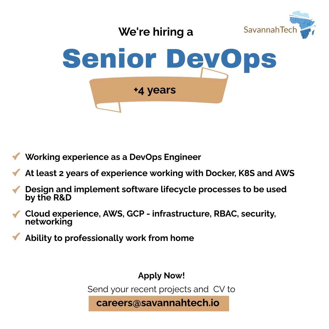 LarbJay's tweet photo. Join SavannahTech and grow your career!

🏖 Flexible work hours ✅
💷 Competitive pay ✅

If you have at least 2 years working with Docker, K8S and AWS, as well as DevOps Engineer experience,

Send your applications to careers@savannahtech.io
#TechIsHiring #remoteworking https://t.co/oxQb5CDdW5