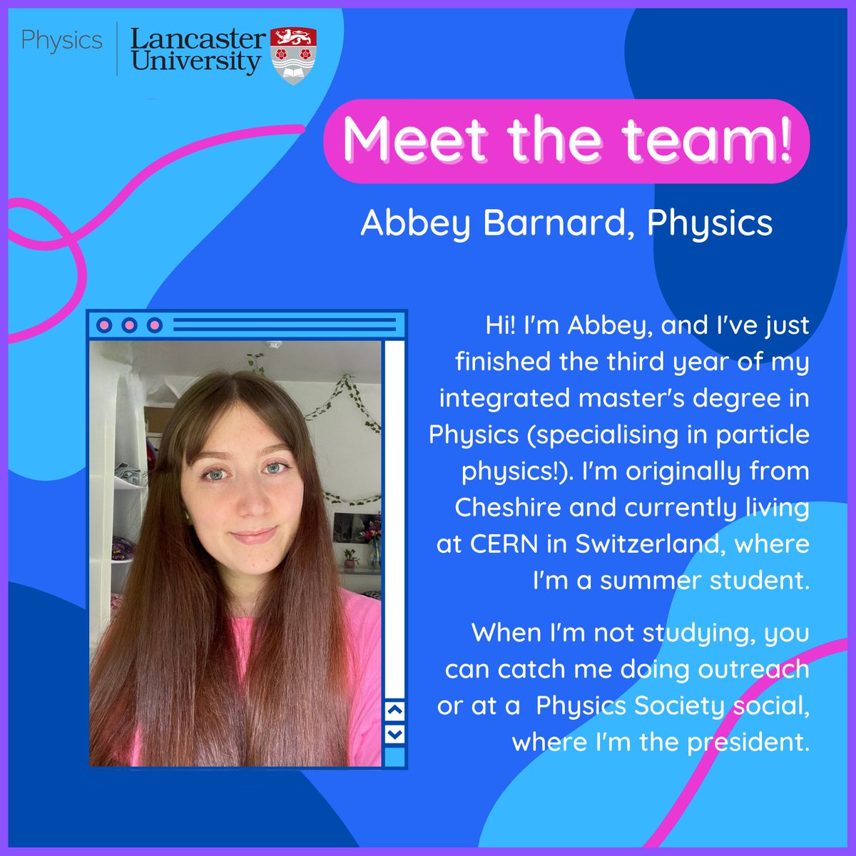 LancUniPhysics's tweet photo. Today we're introducing a new Digital Content Ambassador. Say hello to Abbey, a third-year Physics student! ⚛️ https://t.co/3HEpvvCqn3