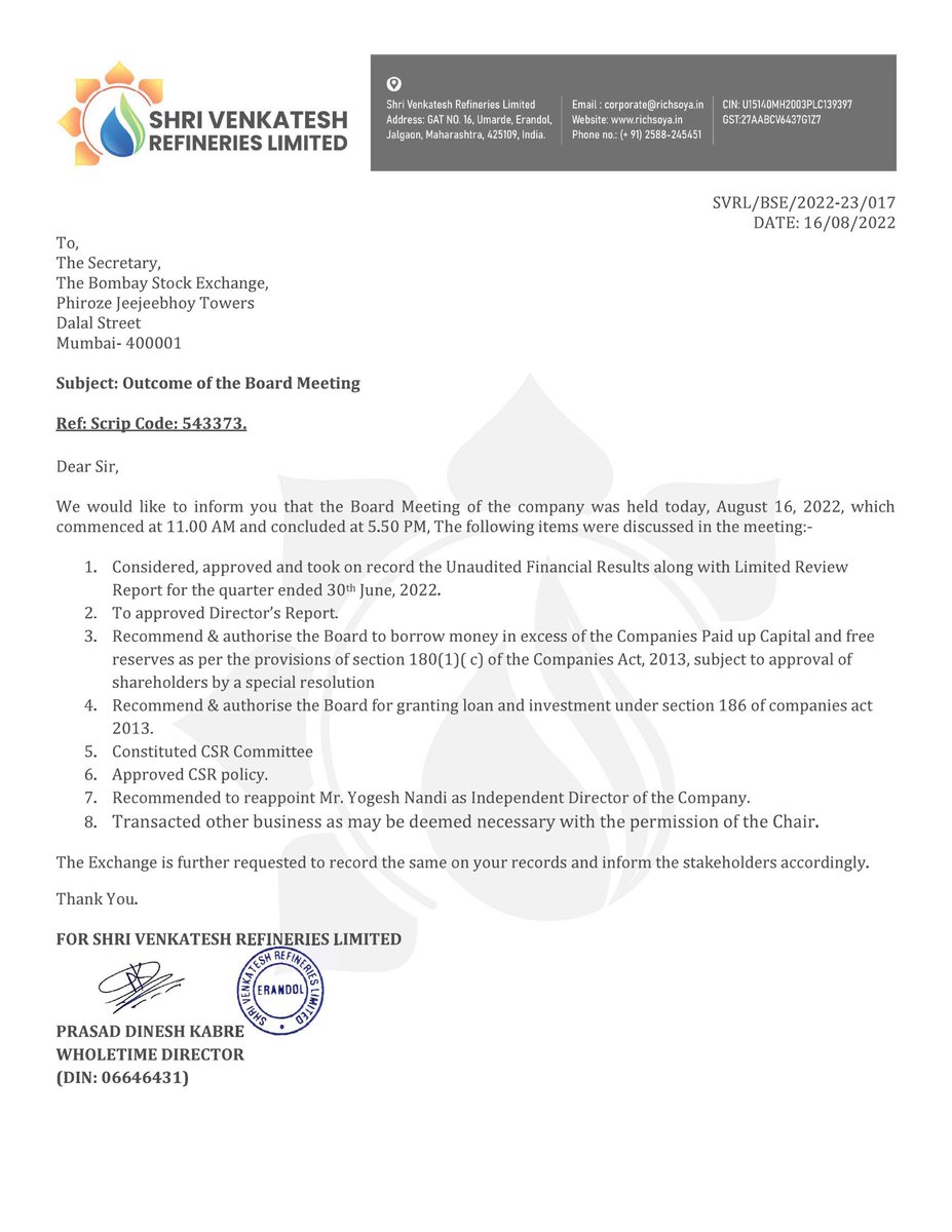 MarketUpdates6's tweet photo. Shri Venkatesh Refineries Ltd - 543373 - Considered, Approved And Took On Record The Unaudited Financial Results Along With Limited Review Report For The Quarter Ended 30Th June, 2022.. Full Details : https://t.co/k0TVzynDzZ https://t.co/5jlbBUENXy