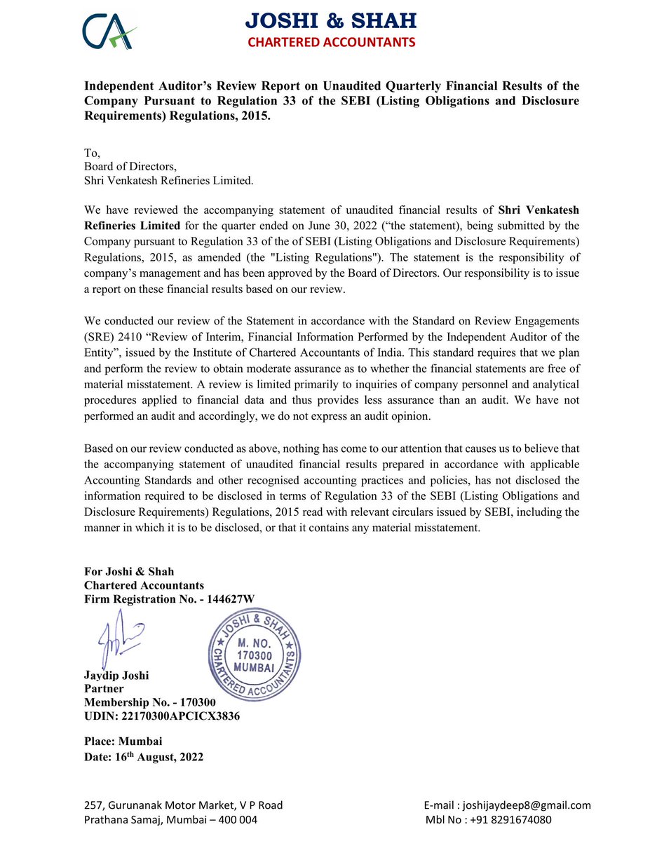 MarketUpdates6's tweet photo. Shri Venkatesh Refineries Ltd - 543373 - Considered, Approved And Took On Record The Unaudited Financial Results Along With Limited Review Report For The Quarter Ended 30Th June, 2022.. Full Details : https://t.co/k0TVzynDzZ https://t.co/5jlbBUENXy