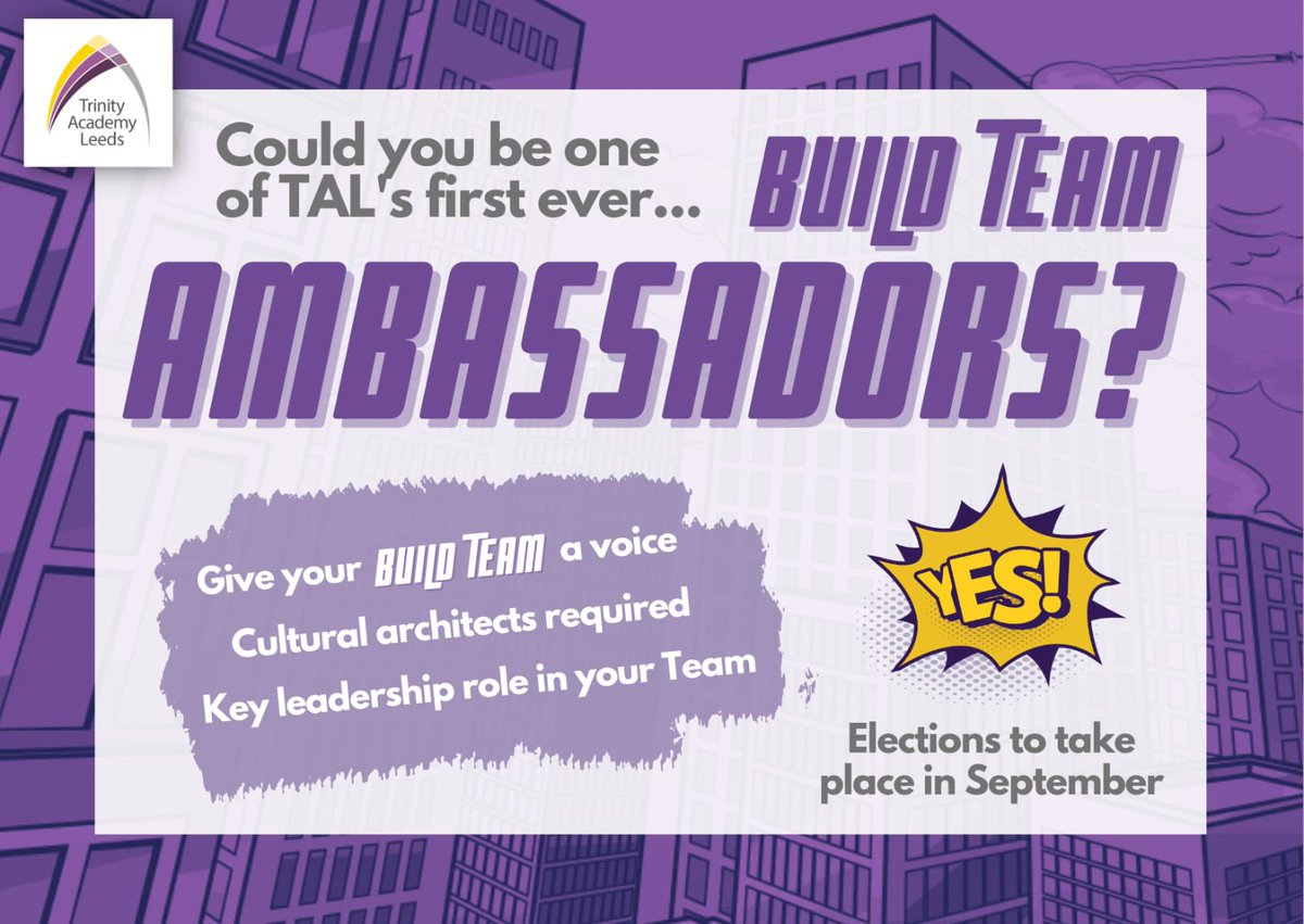 TrinityAcademyL's tweet photo. Every Build Team needs a Build Team Ambassador to help lead and support their team mates. Could this be you? #culture #studentleaders #specialrole #specialtie #moreinfoinSeptember #crew 💜🌟 https://t.co/nKmyVXstut