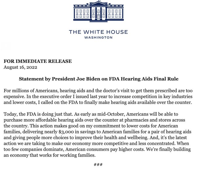 BharatRamamurti's tweet image. Big health care news: the FDA has finalized a rule allowing hearing aids to be sold over the counter, potentially saving millions of people with mild-to-moderate hearing loss thousands of dollars. Look for hearing aids in your local drug store as early as mid-October.