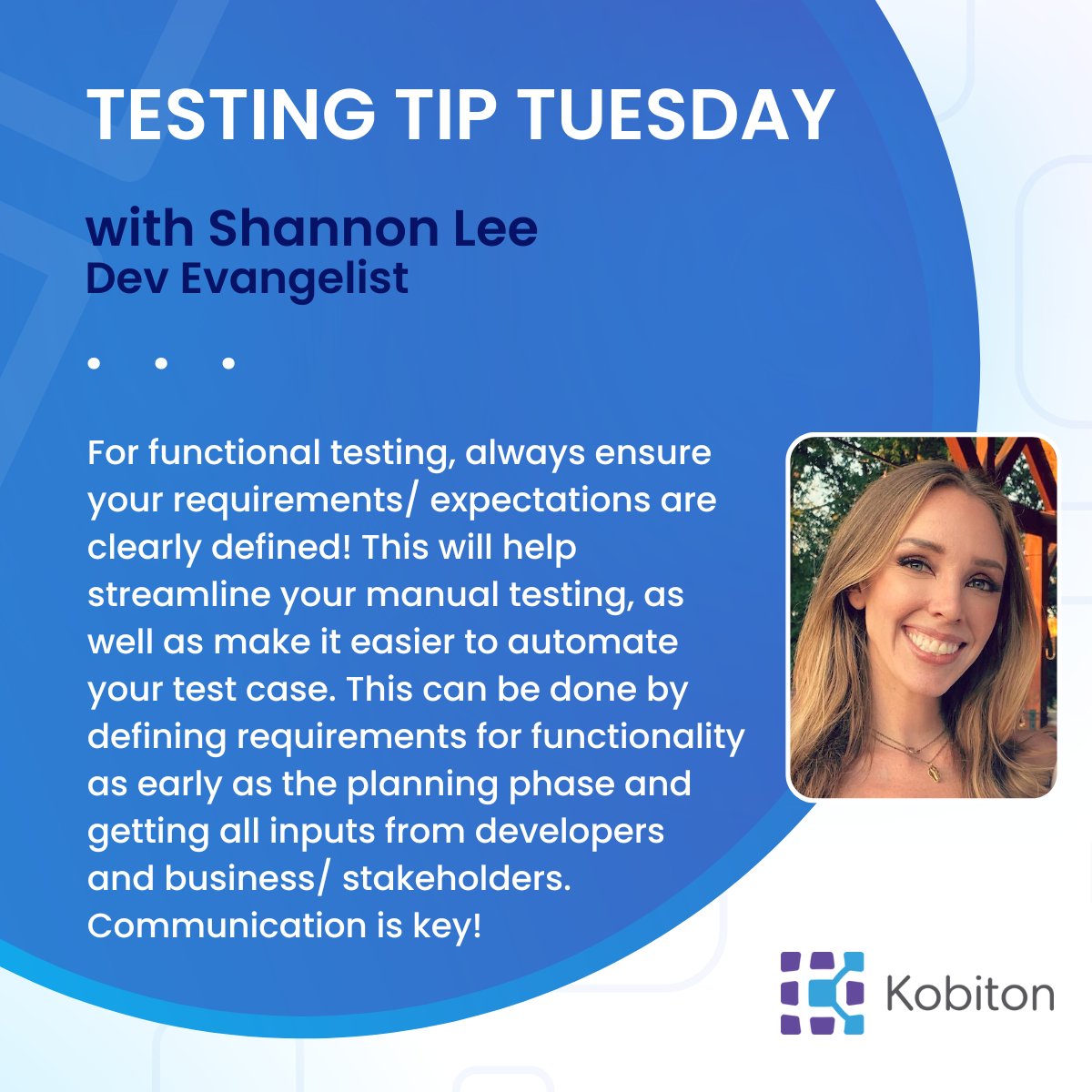 KobitonMobile's tweet photo. Welcome to our first post of the series - Testing Tip Tuesday. Say hello to Shannon Lee, our Dev Evangelist at Kobiton, and learn about her tip in the mobile testing space.

Learn more about Kobiton and speak with an expert. Contact us: https://t.co/91SnwJgBa5

#testingfacts https://t.co/RQZAZWTGCw