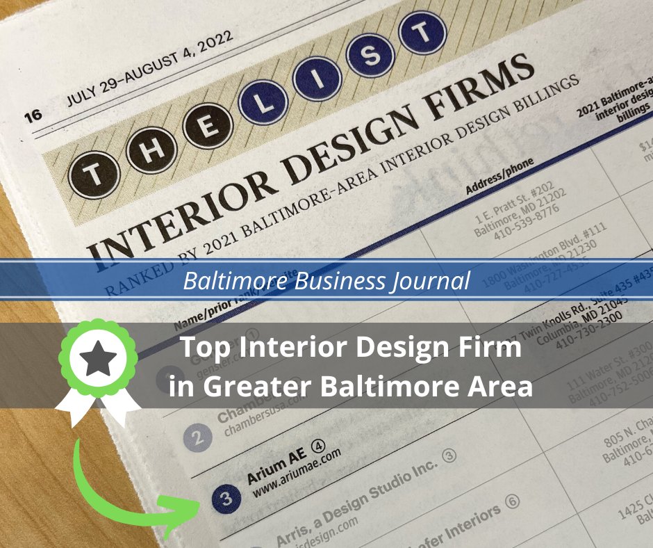 AriumAE's tweet image. #AriumAE experienced continued growth in 2021 and rose to #3 in the BBJ’s rankings of Interior Design Firms in the greater Baltimore region. The #BBJ has recognized the firm within the top 5 of this list for the fourth consecutive year. #Architects #Engineers #InteriorDesigner