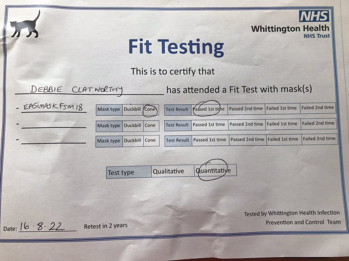debbieclatwort1's tweet photo. Done for the next 2 years😊Making fit testing more accessible -drop in sessions Thurs 17th &amp; Fri 18th, 12-1400 for staff in the Jenner Building. Look out for the signs. Fit test team will  come to your place of work  if it makes it easier for staff who need a fit test. 🙏 https://t.co/ncqO14bYRO