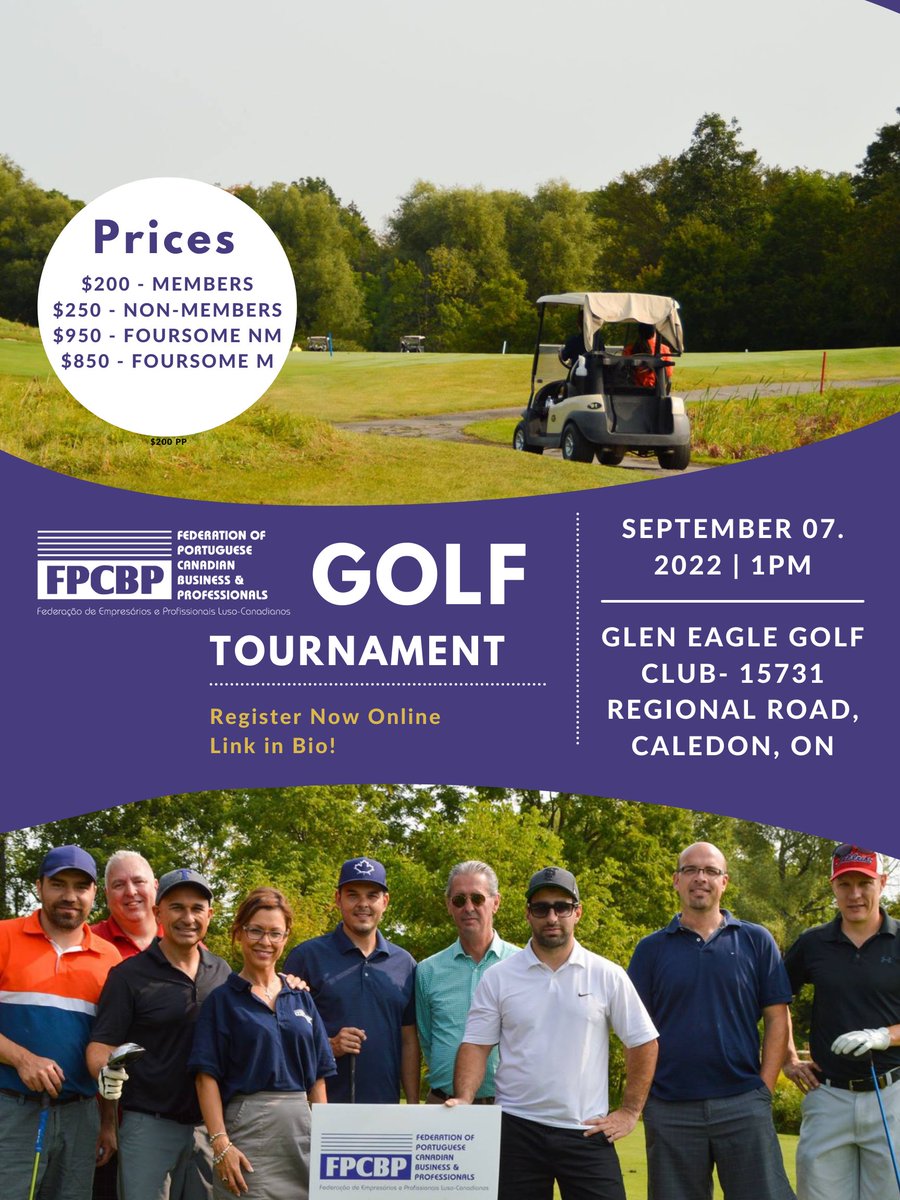 Join us for our Annual Fundraising FPCBP Golf Tournament (September 7th, 2022)!

Register Online Now, link in Bio!

#golftournament #golf #networking #portuguesecommunity #sponsor #sponsorship #gleneaglegolfclub #fundraising #portuguesecanadian #toronto #canada #gta