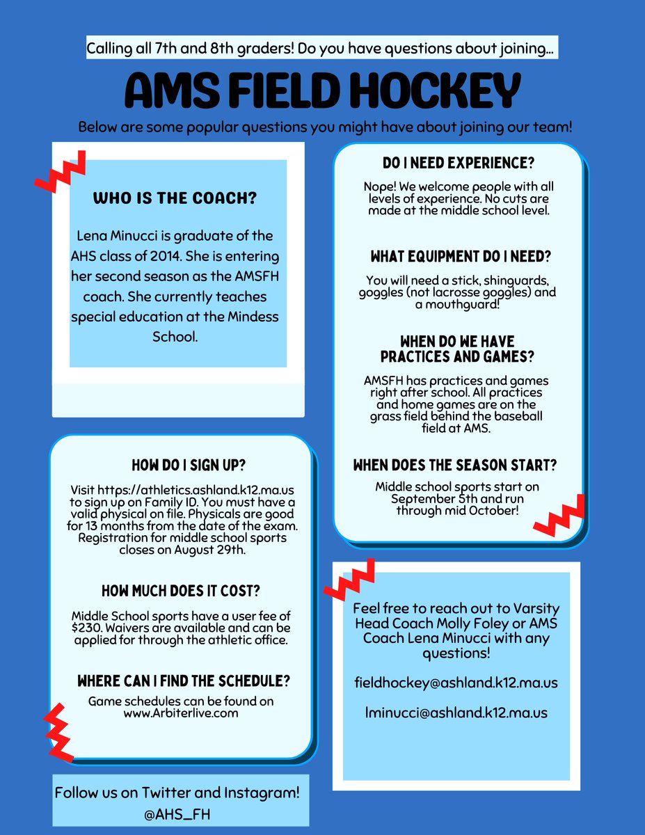 Have questions about joining AMS field hockey?! Check out our FAQ here! Also, don’t forget to register for our youth clinic next week and give it a try! The registration link is in our bio! <a href="/ClockerAD/">Ashland Athletics</a> <a href="/ClockerClub/">The Clocker Club</a> <a href="/principalAMS/">Mr. DiGirolamo</a> <a href="/AYBclockerhoops/">Ashland Youth Basketball</a> <a href="/AYBSOnline/">AYBS</a> <a href="/ashlandlax/">Ashland Lacrosse</a>