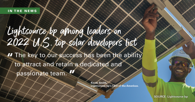 JoshHicksBP's tweet photo. Lightsource bp ranked #2 on the 2022 Top Solar Developers list in the US - The company continues to grow and successfully develop utility-scale solar projects across the United States. #LightsourcebpUSA https://t.co/tfnY2uHL2B https://t.co/JESsREe89R