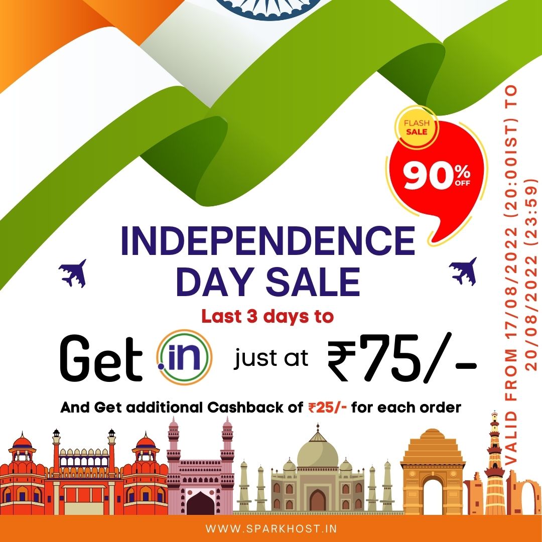 SparkHost_India's tweet photo. Independence Day Celebration sale end offer.
Get .in Domain at Just ₹75.00, and get ₹25.00 as cashback. offer valid only for 16-08-2022 (20:00 IST) to 20-08-2022 (23:59 IST).
Visit Today: https://t.co/vY7pmD4CRr
 #getyours #india #sparkhost #InRegistry #hostingtips #getyours https://t.co/8nIg0HNANJ