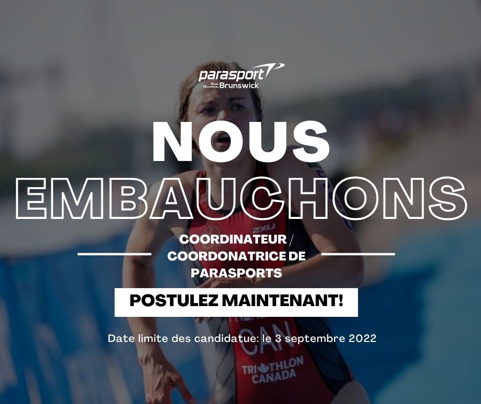 Parasport NB is seeking an outgoing, personable and self-motivated individual as our Northern Parasport Coordinator.
Parasport NB est à la recherche d'une personnes sociable, amicale et motivée pour le poste de coordonnateur ou coordonnatrice de parasport.parasportnb.ca/News/job-paras…