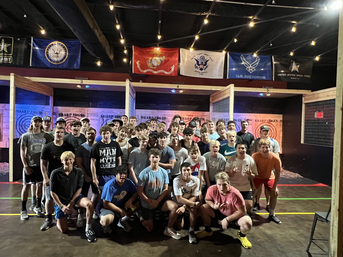 SharpEdgesAxe's tweet photo. The Bomber Men took over the axe house yesterday afternoon!! Thank you MHHS coaches for bringing over these awesome young men for some preseason team building fun!! #bombernation #MHHS #bomberfootball #gridironclub #teambuilding #mountainhomearkansas #thescreamingchicken https://t.co/CRyjY7Kum9