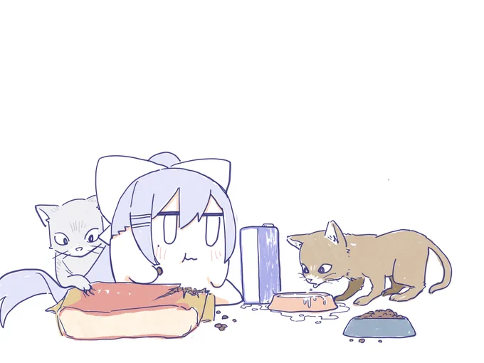 > でろ留守番中に猫のお世話をするカエデちゃん  