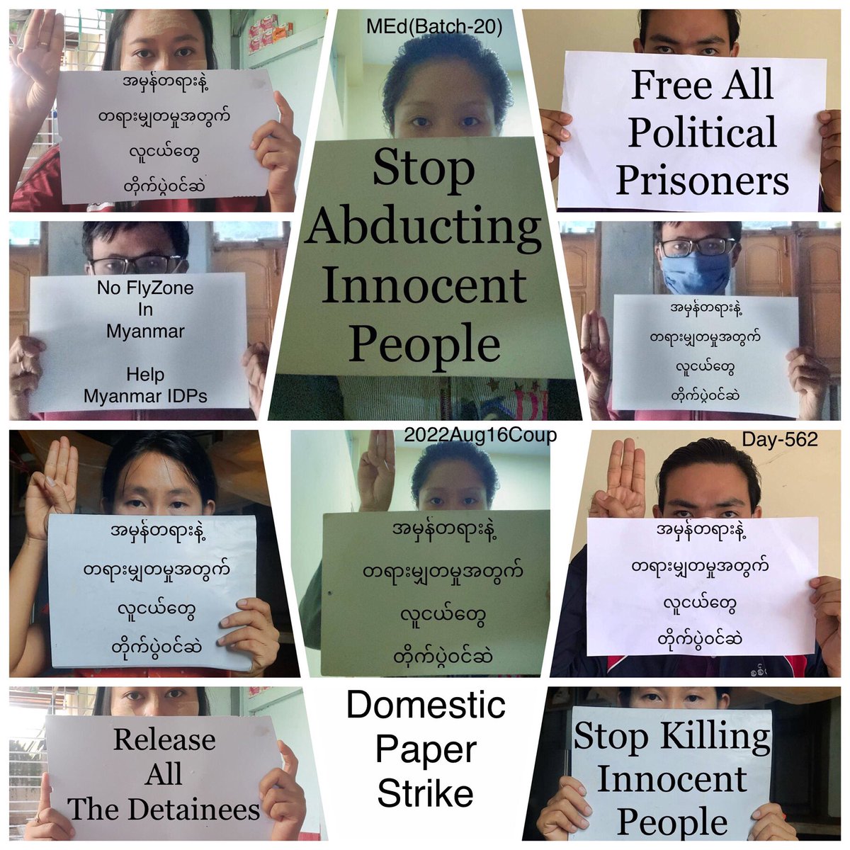 ActivistLittle's tweet photo. Pro-democracy CDMer teachers, MEd [Batch-20], from Sagaing University of Education staged an anti-coup revolutionary domestic strike as 562nd day without a day off.

#2022Aug16Coup #US_SanctionMOGE #WhatsHappeningInMyanmar https://t.co/29yc9bSzd6