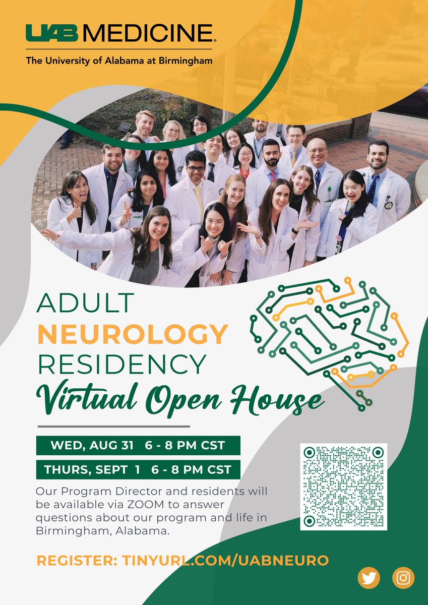 uabneurores's tweet photo. Join us for our upcoming open house on Wed, Aug 31st or Thur Sept 1st from 6-8PM CST!!
@NMatch2023
@MatchNeuro
#nmatch2023 #match2023 #neurotwitter #Neurology #neuromatch https://t.co/DKE5KhBBR1