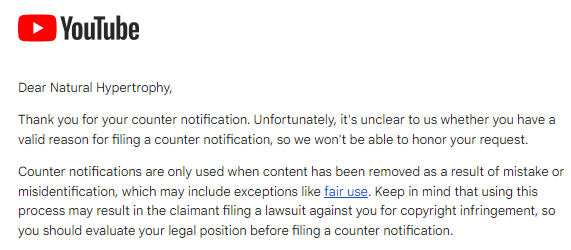 <a href="/TeamYouTube/">TeamYouTube</a> YT keeps rejecting my counter notifications. If you're unwilling to step in and do what's right, at least let me fight for fair use &amp; freedom of expression. By preventing me from challenging that strike, you are siding with a company that abuses DMCA laws. #ProtectYourCreators