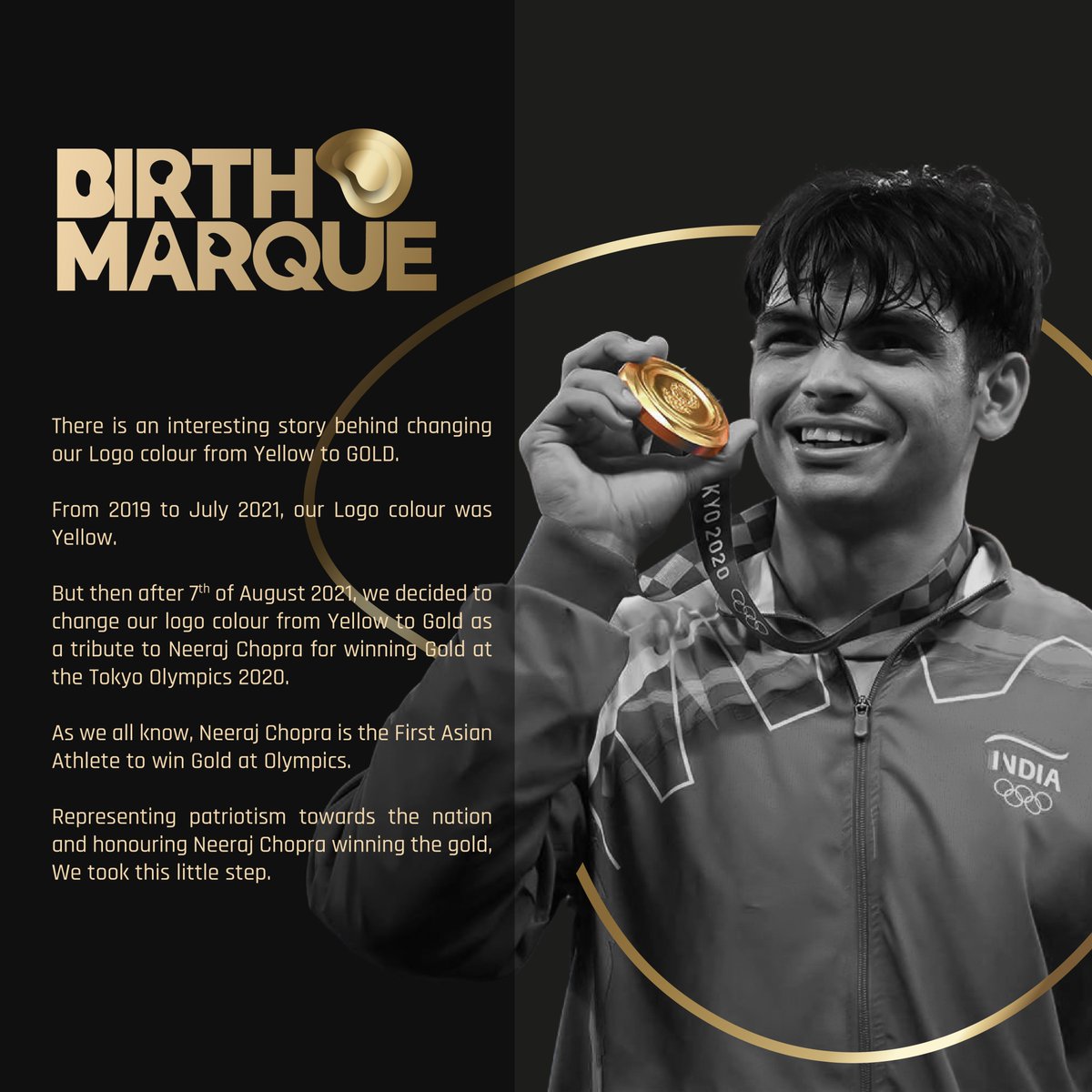 BirthMarque's tweet photo. A small step from birth marque showing patriotism towards our country and honouring our gold winner Neeraj Chopra we decided to change the color of our identity from yellow to gold.
Birth Marque
"Identity begins with us"
#Birthmarque #brandingcompanyinchennai #brandingsolutions https://t.co/dIlYW7x9Id