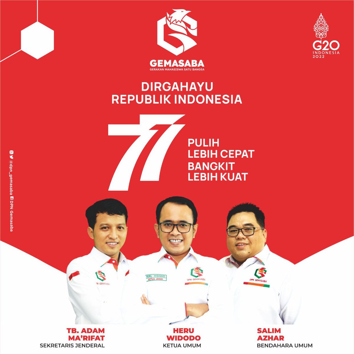 DPN_GEMASABA's tweet photo. Dirgahayu Republik Indonesia ke-77 tahun, 17 Agustus 2022.
Semoga keadaan Indonesia menjadi lebih baik, Indonesia segera #PulihLebihCepat dan #Bangkitlebihkuat
#Gemasaba #HutRI77 #DirgahayuIndonesia #GusMuhaimin #Indonesia https://t.co/S1w2DUpSSZ