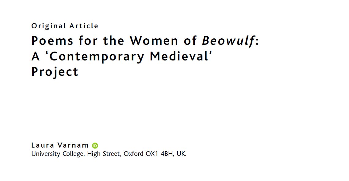 Time to preview articles in our next issue! Today, we're thrilled re: POEMS FOR THE WOMEN OF BEOWULF, by the wonderful <a href="/lauravarnam/">Dr Laura Varnam</a>, which combines new poetry with reflections on reading, translation, &amp; reception. Un-paywalled acccess: rdcu.be/cTK0i. #medievaltwitter