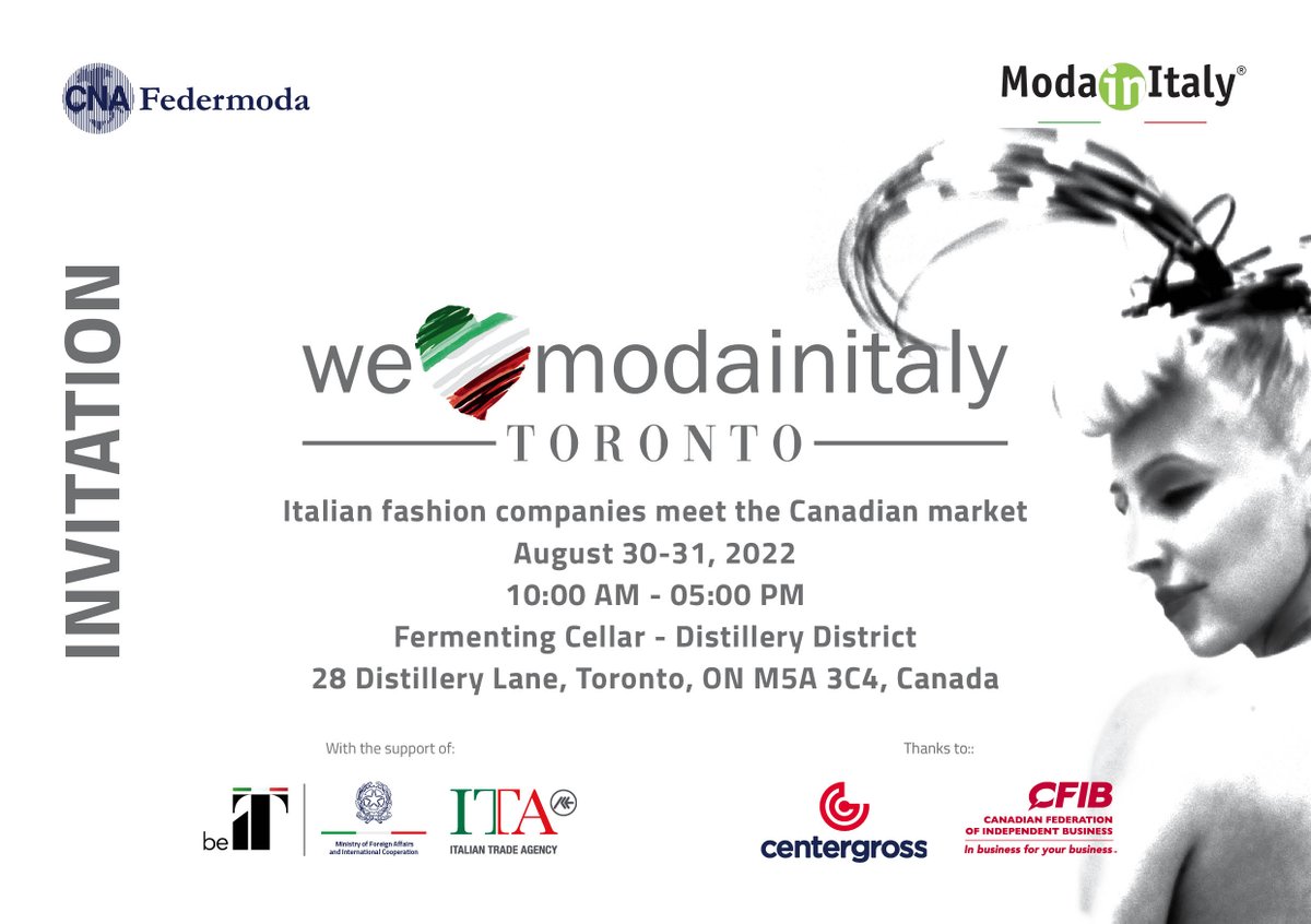 ITAToronto's tweet photo. We are just 2 weeks away from the #WeLoveModainItaly exclusive exhibit showcasing high-quality Italian #fashion at the Fermenting Cellar in Distillery District Toronto. Free admission. Register here: https://t.co/8ntEKA7Atn https://t.co/T7KE44zHTT