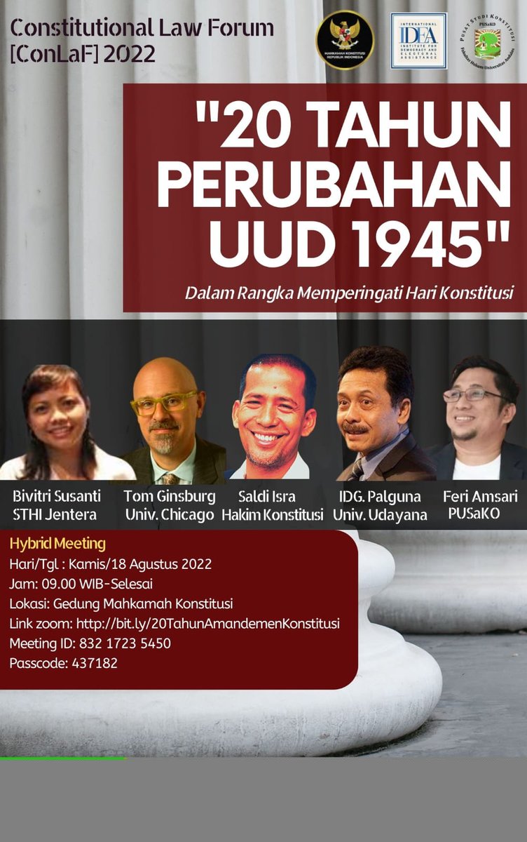 Int_IDEA's tweet photo. #HybridPanel: 20 Years of the Amendments to the 1945 Constitution, in Commemoration of Indonesia's #ConstitutionDay
📅 Thursday 18 August
⏰ 9 am (Jakarta Time)
More information: https://t.co/dPeqbYhnW6

Organized by @Int_IDEA, @officialMKRI and @PUSaKO_UNAND 
#indonesia #law https://t.co/XzoZ0je7Tb