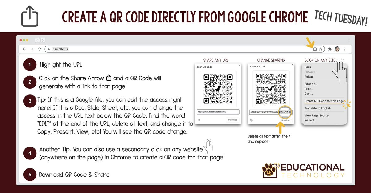 DS_EdTech's tweet photo. It’s the #firstdayofschool and #TechTipTuesday! Did you know you can generate QR codes from your Chrome browser? Check it out! #DSEdTech #InnovateDrip #iamdsisd #EdTech #GoogleEDU @DSISD https://t.co/JDS1H2u0in