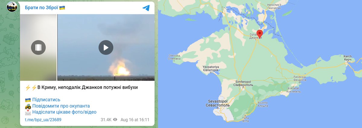 TGTM_Ukraine's tweet photo. #Crimea was hit twice one in military base near #Simferopol and the other near #Dzhankoi #Mayske seems that a railway was damaged and explosion of weaponry
#CrimeaIsUkraine #russianinvasion #ukraine #greattranslationmovement #великийперекладацькийрух  #偉大な翻訳運動 #大翻译运动 https://t.co/d62JMVDzXr