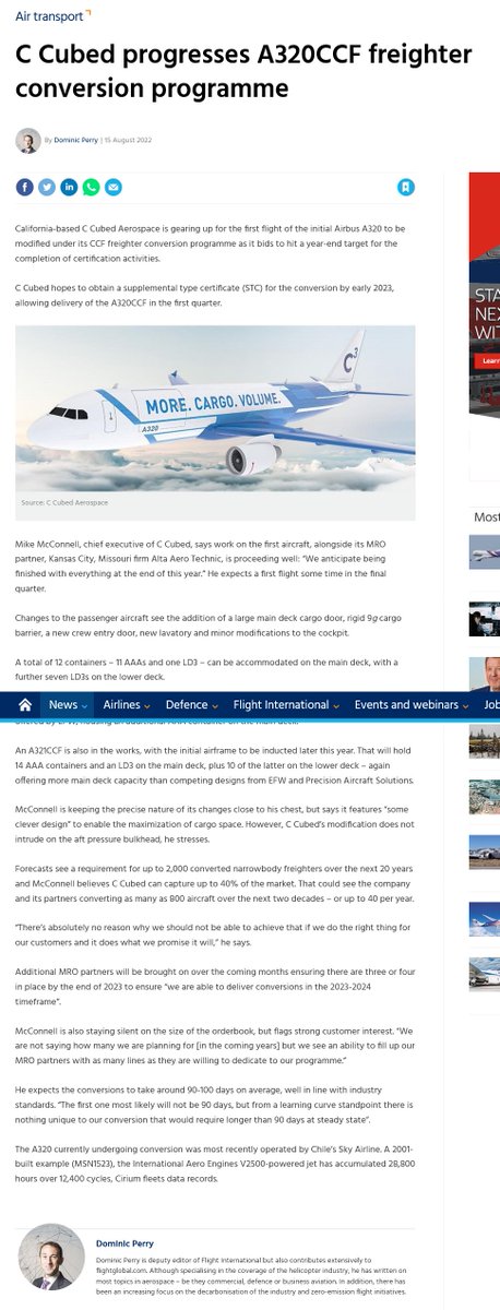 MikeMcConnellTX's tweet photo. C Cubed Aerospace highlighted in @FlightGlobal today. We continue to make steady progress on our Airbus A320 schedule towards FAA certification. @Airbus A320 Passenger to Freighter conversion. https://t.co/A5FiCRz1SC